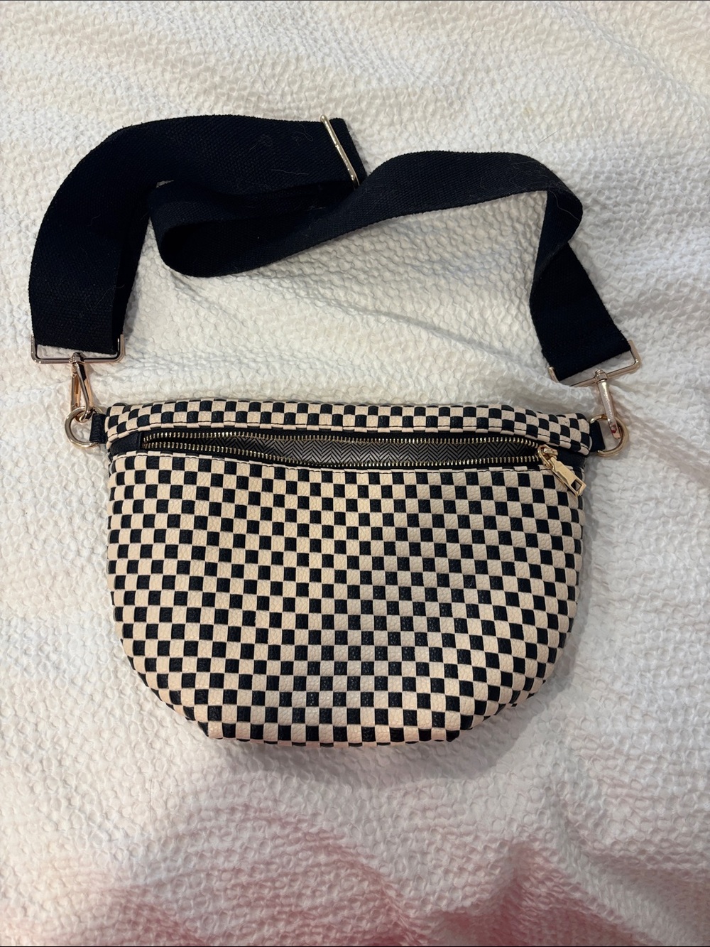 Black and Cream Checkered Crossbody Belt Bag